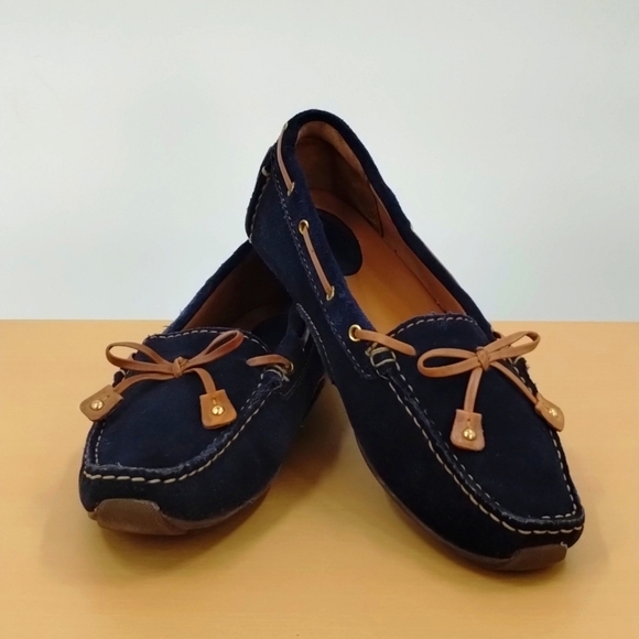 Clark's Artisan Dunbar cruiser Racing loafer blue suede flats size 7 brown trim - Picture 1 of 11